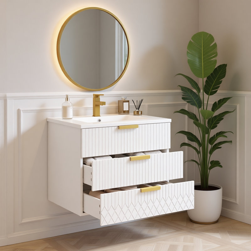 24" Wall Mounted Floating Bathroom Vanity with Ceramic Basin Sink, Modern Bathroom Cabinet with Soft-Close Double Drawers, Space-Saving Floating Vanity for Small Bathrooms