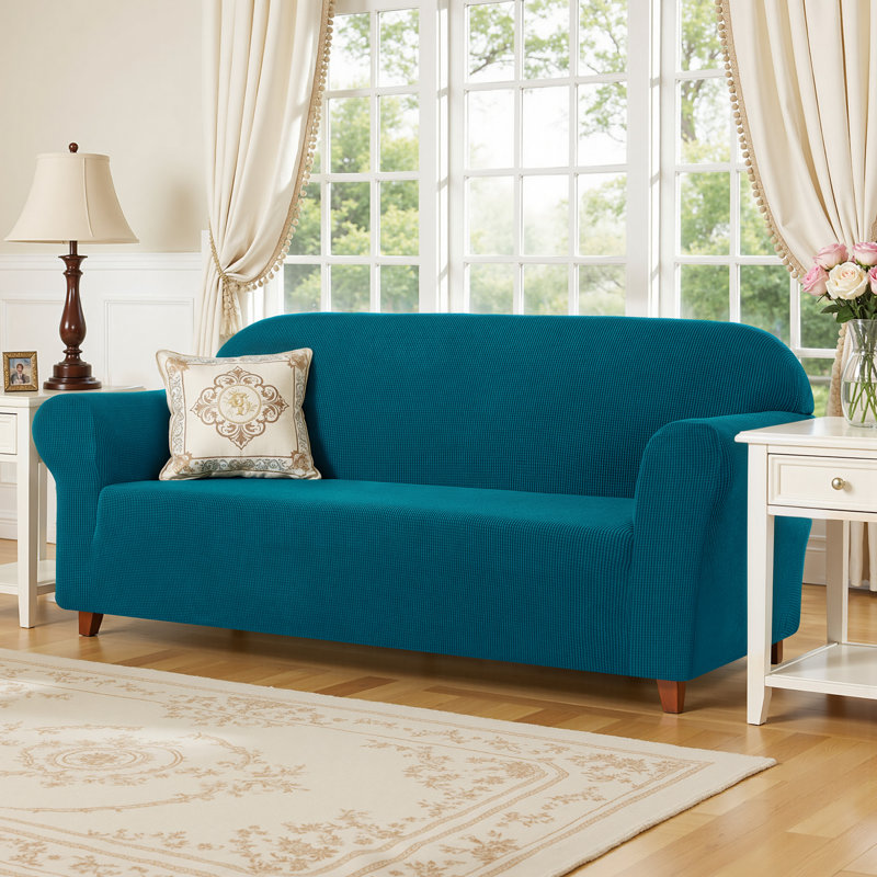 Housse de canapé 1 pièce extensible en jacquard, housses de canapé en polyester et spandex, housse de protection pour meubles de salon universelle pour animaux de compagnie lavables à la machine, housses de canapé antidérapantes pour 2 coussins (causeuse, bleu)