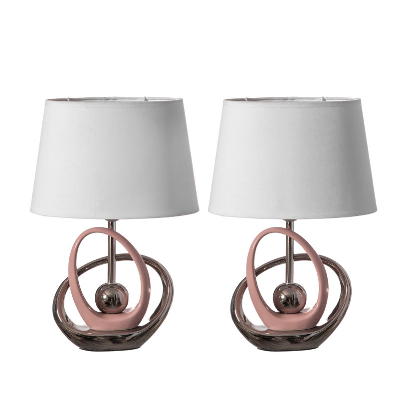 Ensemble de 2 lampes de table, lampe de table en céramique décorative de 16 po, avec support circulaire argenté et rose réfléchissant et abat-jour en coton blanc, lampe unique pour le salon ou la chambre à coucher