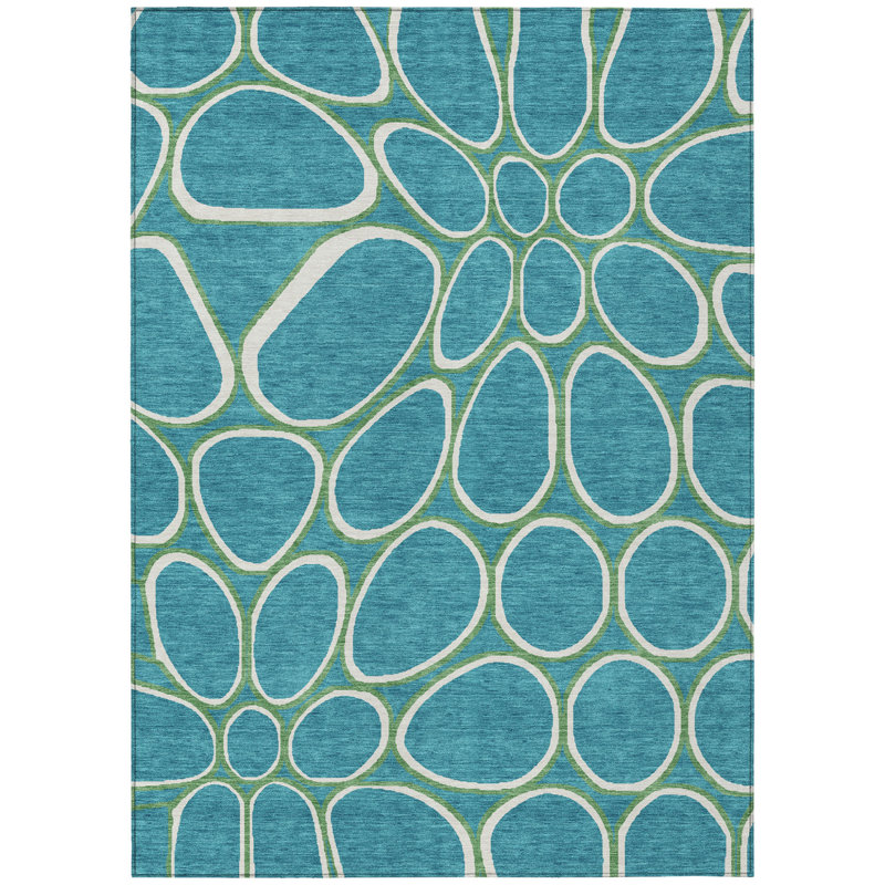 Tapis extérieur lavable abstrait bleu sarcelle ivoire et vert 8 pi x 10 pi