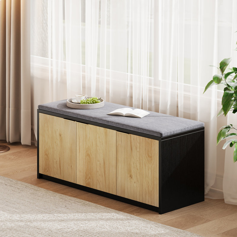 2-Tier Storage Bench With Vertical Slatted Doors, Nature Wood