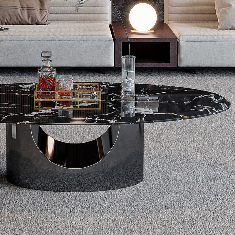 Modern minimalist oval marble coffee table, 15.7" H x 51.2" L x 27.6" W, White/Black/Dark Gray