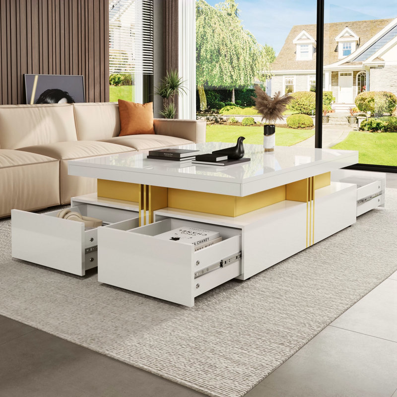 Table basse moderne carrée avec rangement à 4 tiroirs, Blanc lustré