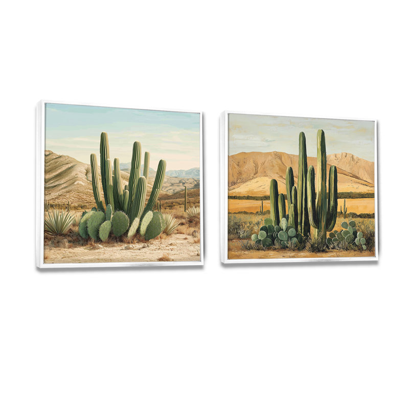 Cactus et le désert - Cactus floral - art mural traditionnel 2 pièces, H 16 po x l 33 po, Floater Framed, White