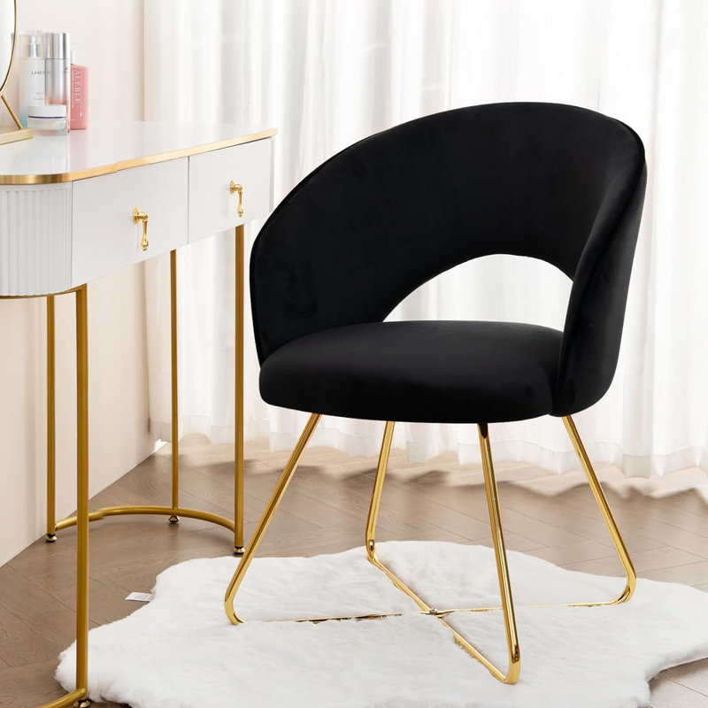 Modern Velvet Makeup Accent Chair Upholstered Barrel Chair With Gold leg, Black Velvet
