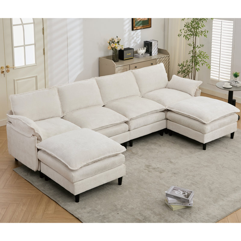 Modular Sofa,U Shaped Cloud Couch Comfy Set ,6-Seater, 2 Armrest Pillows,Convertible Sectional Couch, Living Room,Apartment, (2 Movable Ottoman)