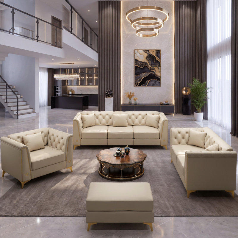 Canapé Chesterfield modulaire avec capitonnage à boutons et accoudoirs à garniture en métal, comprend 6 coussins, Beige+White