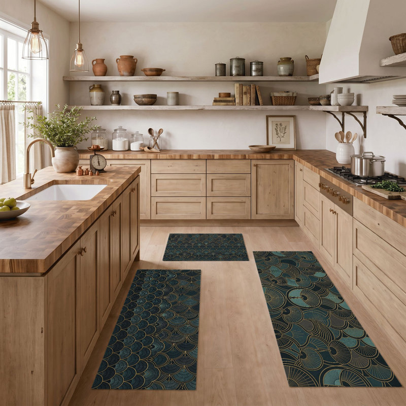 Teal Scale Non-Slip Washable Kitchen Mats