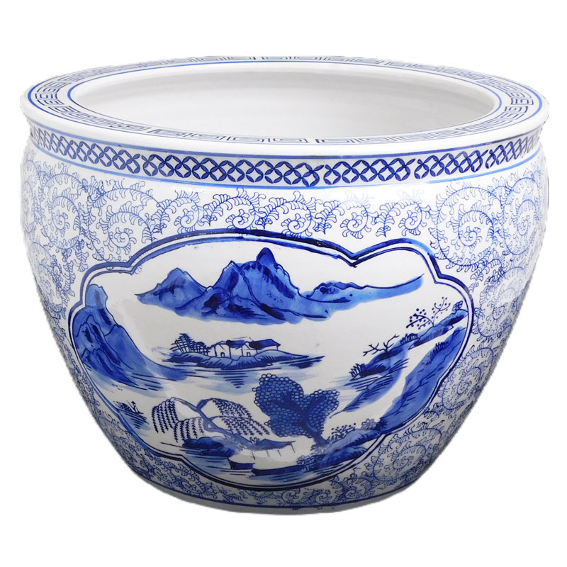 Blue and White Porcelain Garden Pots Painted Landscape, 14" H x 18" W x 18" D