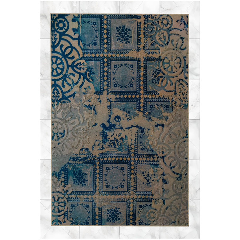 Tapis décoratif bleu à motif rétro, Tapis de couloir 4 pi 11 po x 9 pi 10 po inclus