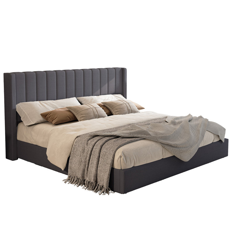 Cadre de lit avec rangement Lift Up / tête de lit capitonnée verticale, Très grand, Gris foncé