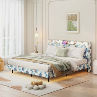 Floating Bed Frame With LED Light And Charging Station Upholstered Platform Bed Frame With Headboard And Hidden Storage Space, No Box Spring Needed