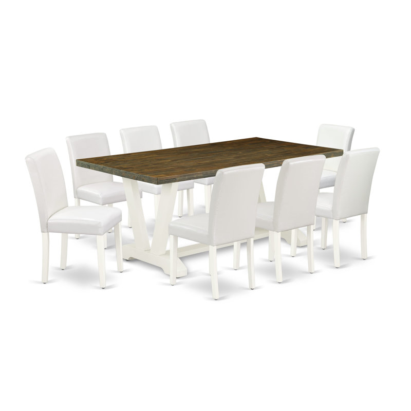 9-Pc Modern Table Set Includes a Distressed Jacobean Dinner Table and 8 White PU Leather Dining Chairs with High Back - Wire Brushed Linen White.