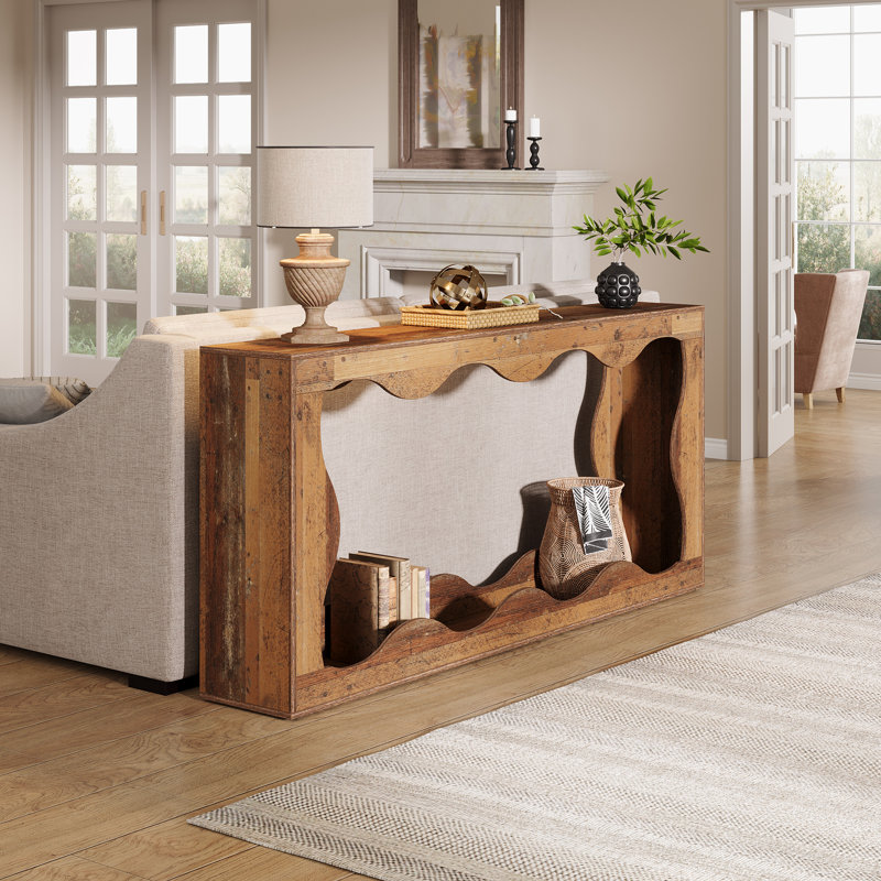 Enisha 63" D Scalloped 2-Tier Console Table, Mix Brown
