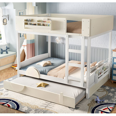 Lit superposé double avec lit gigogne, cadre de lit superposé en bois avec bibliothèque intégrée et garde-corps de sécurité de haute qualité, conception de forme d'automobile pour enfants, blanc et beige