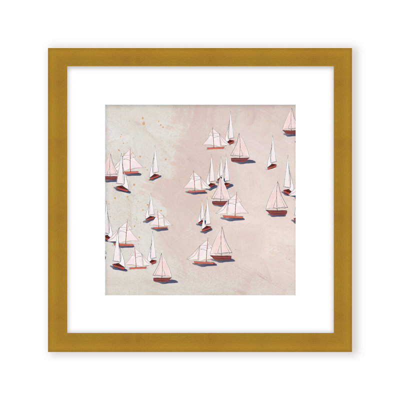 Coastal Retreat Modern Ensemble: Sailboat Odyssey, Beige, Framed Matted Print, 16" H x 16" W