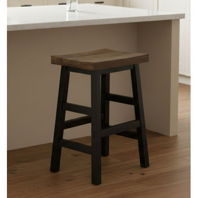 Pomona 26" Counter Height Bar Stool with Solid Wood Seat and Black Metal Legs, Rustic Brown 