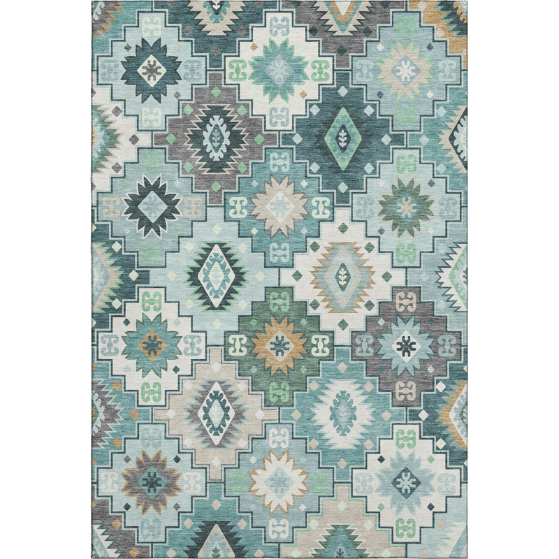 Premium Machine Washable Mayfield  Ethnic Rug, Teal, 9' x 12'