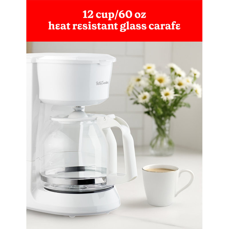 Betty Crocker 12-Cup Drip Coffee Maker with Heat Resistant Glass Carafe, White