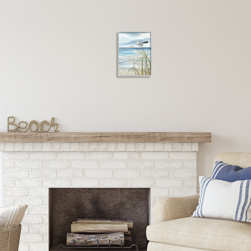 «Bird & Abstract Beach» par Carol Robinson, reproduction encadrée sur bois, Estampe numérique Farmhouse