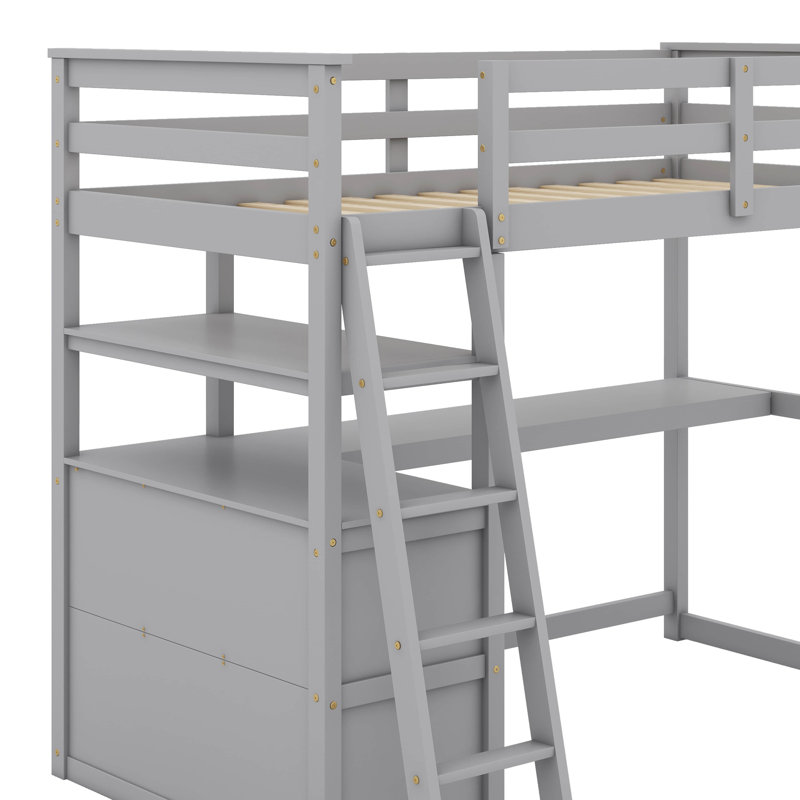 Lit mezzanine simple avec bureau et tablettes, Gris
