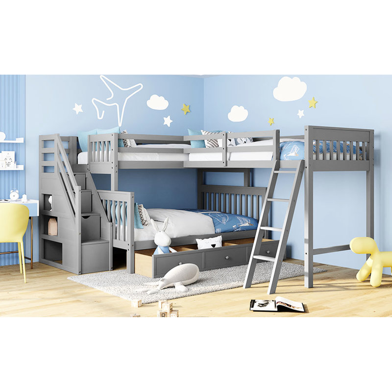 Twin Over Full L-Shaped Bunk Bed, Gray. 3 Drawers For Practicality. Solid Wood Build. Guardrail. 118.3X96.8X61.2. Assembly Required Bed In Drawer Storage Design. Wood. Safe With 118.3X96.8X61.2