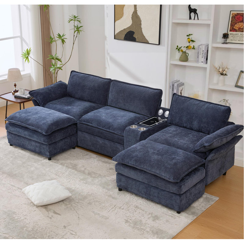 Canapé modulaire en U en forme de U, console de rangement et recharge sans fil, 2 porte-gobelets, haut-parleurs Bluetooth, 2 repose-pieds mobiles, main courante réglable, siège mobile, chenille, bleu