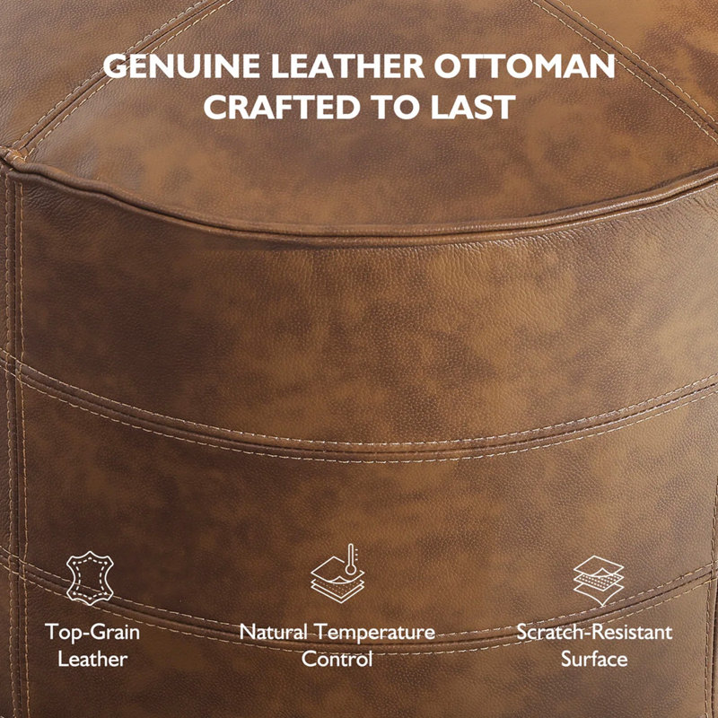 OEKO-TEX® STANDARD 100 Upholstered Footrest Pouf Full-Grain Genuine Leather Round Ottoman, Brown