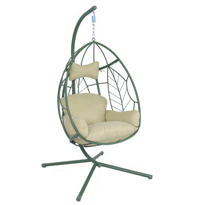 Fauteuil à œufs suspendu à structure en acier avec motif de feuilles, hamac pour l'extérieur avec coussin moelleux pour patio, cour et balcon