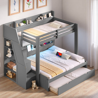 Bunk Bed With Storage Staircase, Trundle, Storage Shelves, Led And Usb