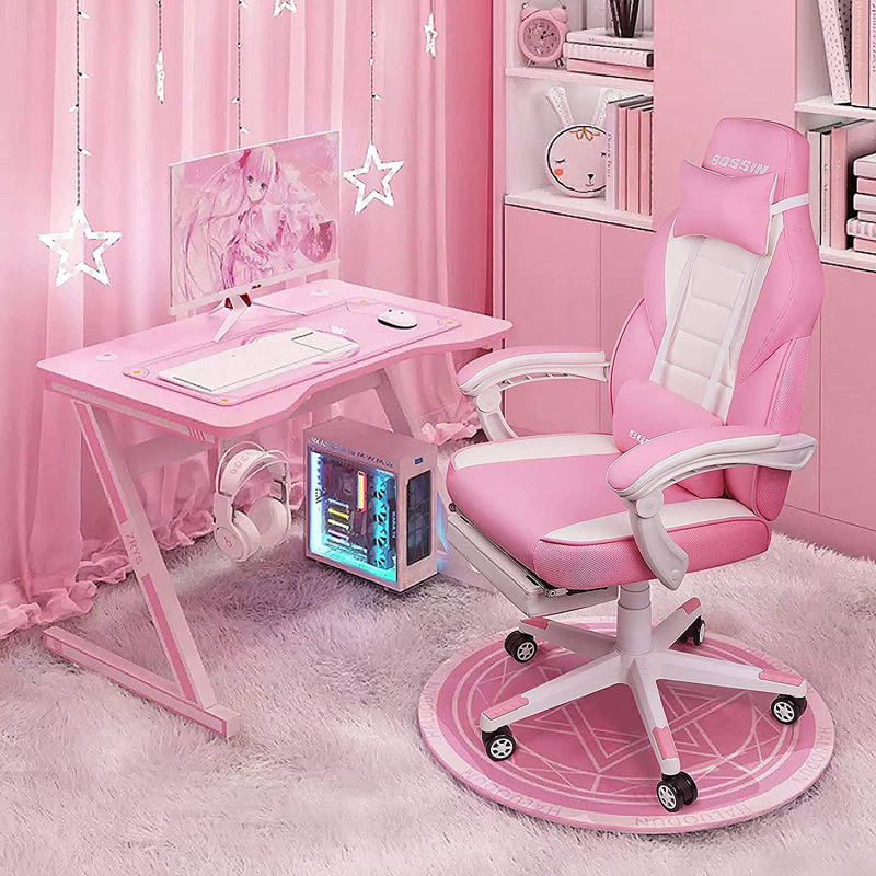 Chaises de jeu BOSIN avec repose-pieds, chaises de jeu d'ordinateur ergonomiques avec support lombaire, Rose / blanc