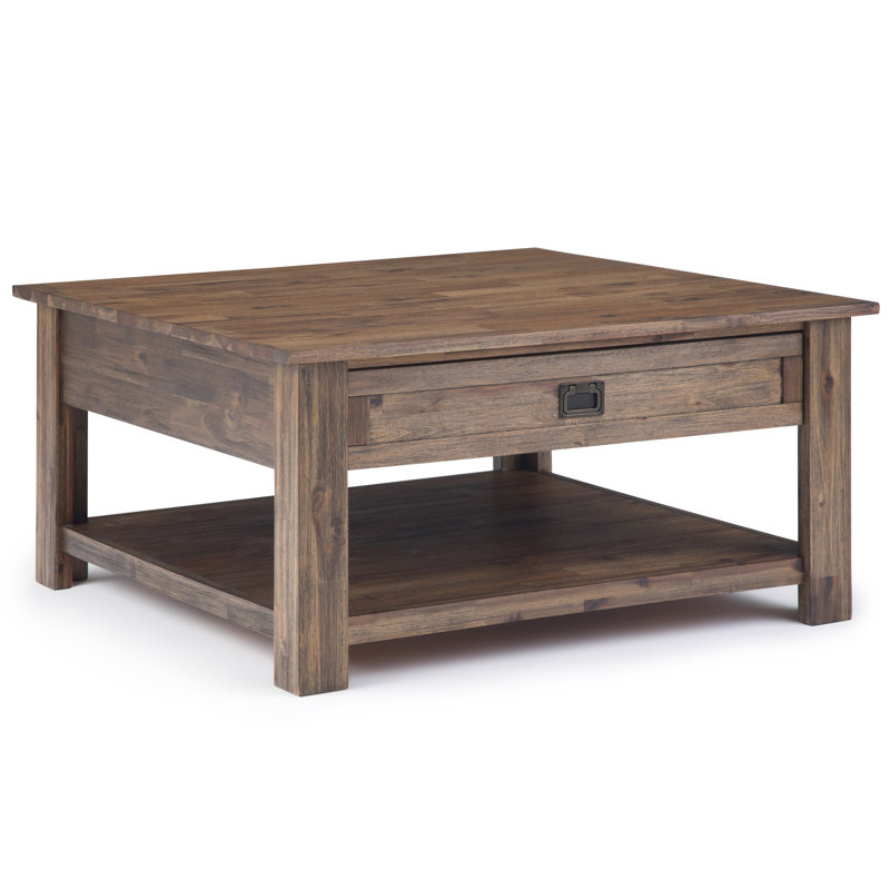 Monroe 38"W Solid Acacia Rustic Square Coffee Table with Large Drawer and Open Shelf, Rustic Natural Aged Brown