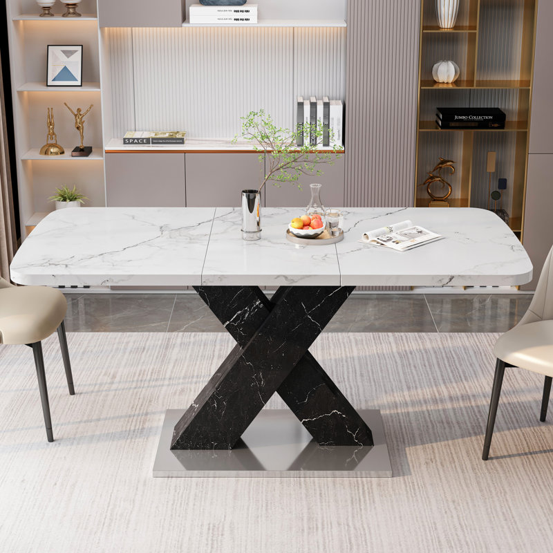Table de salle à manger blanche aspect marbre - moderne carrée, extensible, pieds noirs avec base en métal, plateau extensible carré avec poids net de 85,53 lb + assemblage et entretien faciles