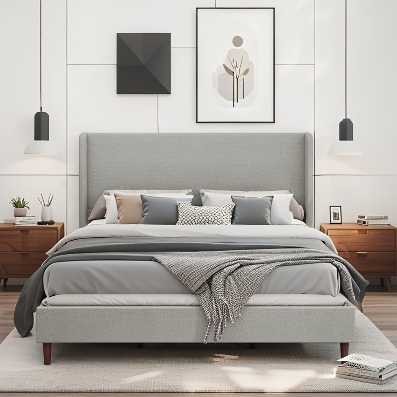 Très grande tête de lit tapissier très grand, tissu chenille gris clair, Gris, Très grand lit