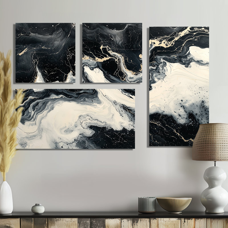 Marbre moderne moderne, impression sur encre monochrome III, art mural abstrait 4 pièces, Toile tendue, Ne s’applique pas