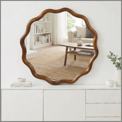 Miroir décoratif rond en bois massif ondulé de couleur noire noyer 30 pouces, pour chambre à coucher, salle de bain, salon, entrée