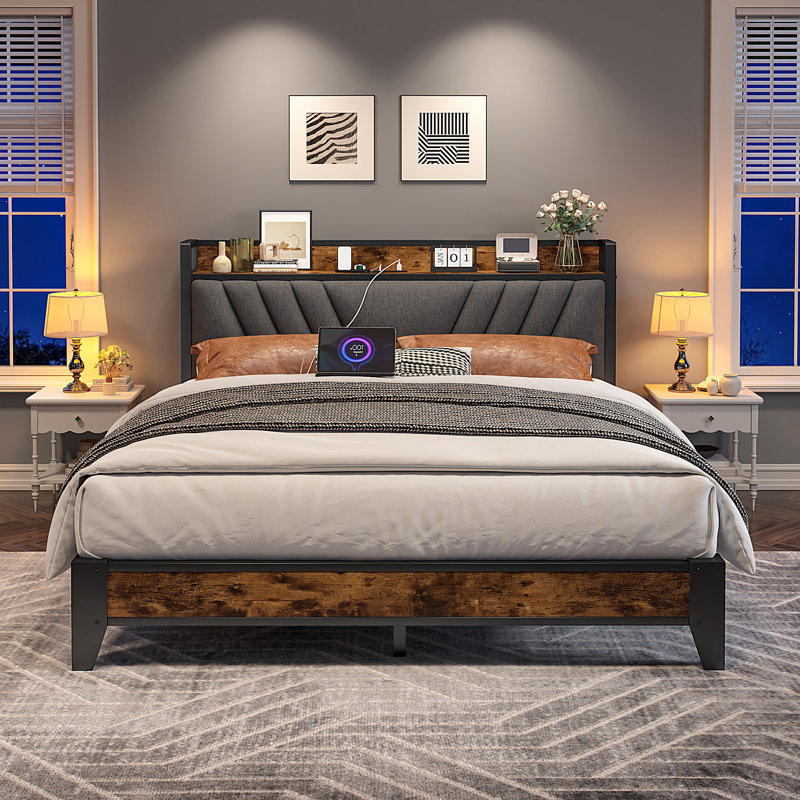 Bed Frame With Power Outlets, Storage Bed Frame With Upholstered Headboard, Queen