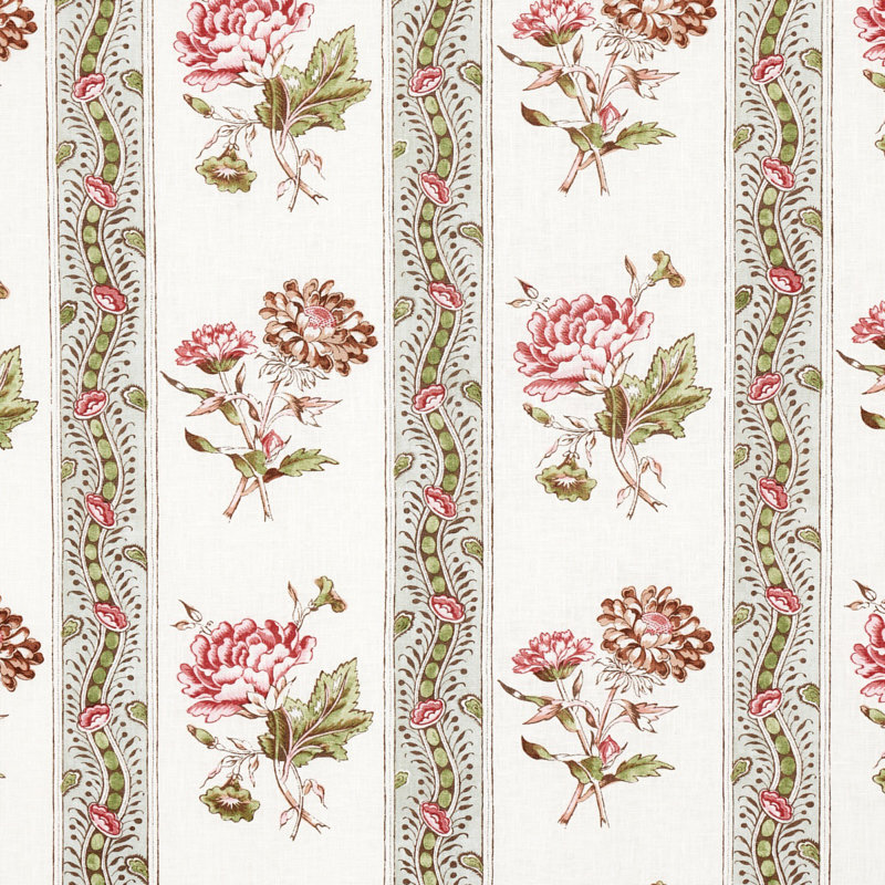 Ariana Floral Stripe Fabric, Gray/Red/Cream