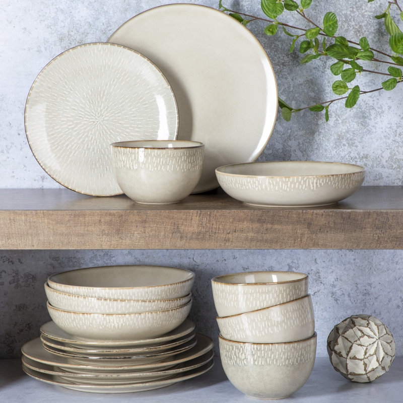 16-Piece Taupe Ceramic Dinnerware Set with Reactive Glaze