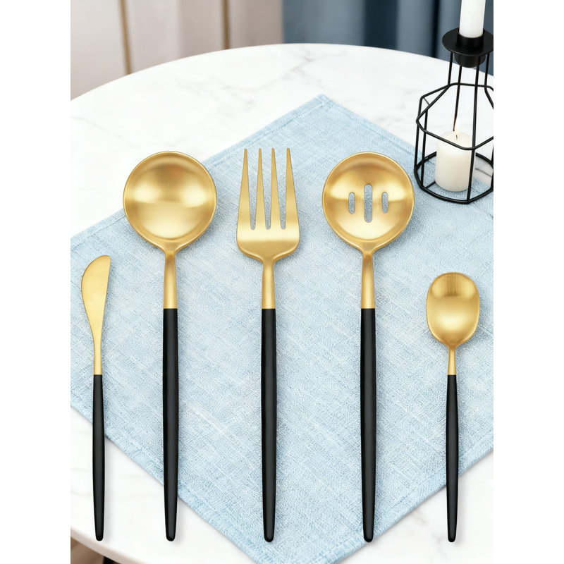 Ensemble d'ustensiles de service 5 pièces en acier inoxydable avec finition satinée, comprenant des cuillères de service, une fourchette, une cuillère à sucre et un couteau à beurre pour le buffet et les réceptions