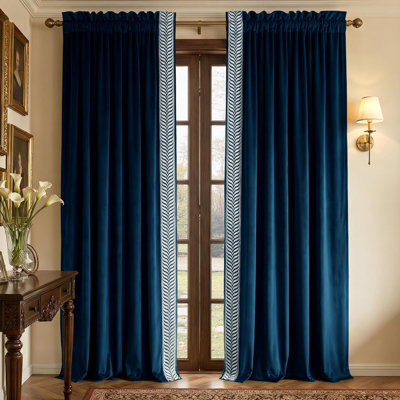 Rod Pocket Embroidered Trim Velvet Curtains, 2 Panels, Navy Blue, 52" Wide, 84" Long Thick Thermal Insulated Room Darkening Drapes, Elegant Window Panels for Bedroom Living Room