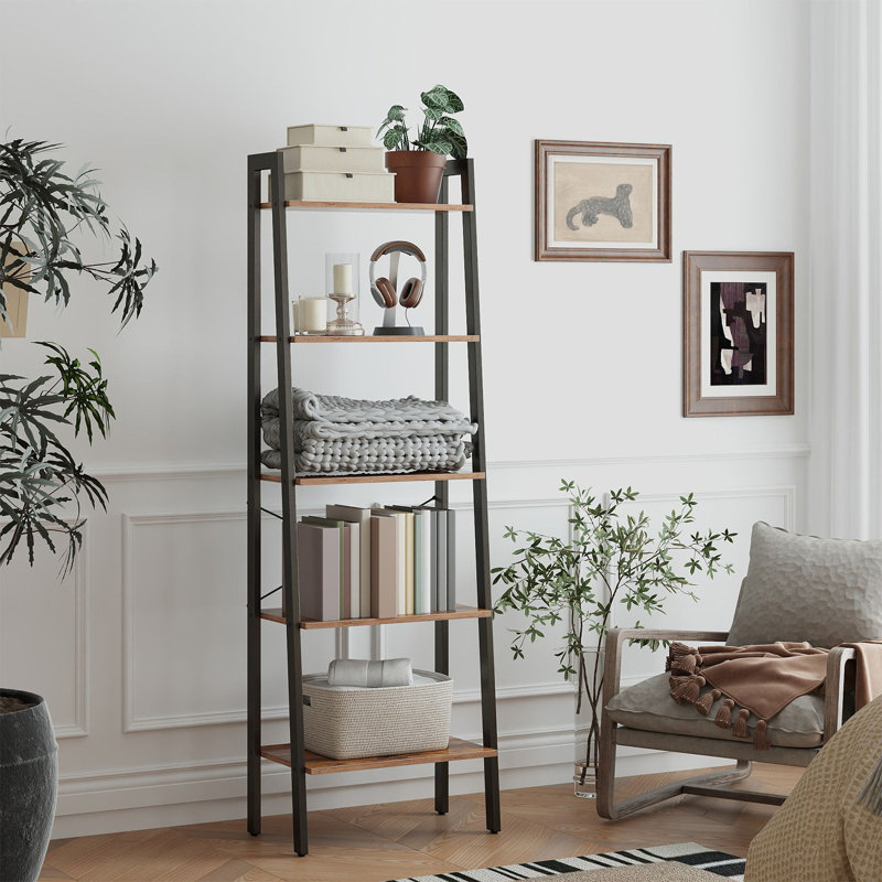 Jabari 67.7" H x 22" W Metal Ladder Bookcase, Black/Brown