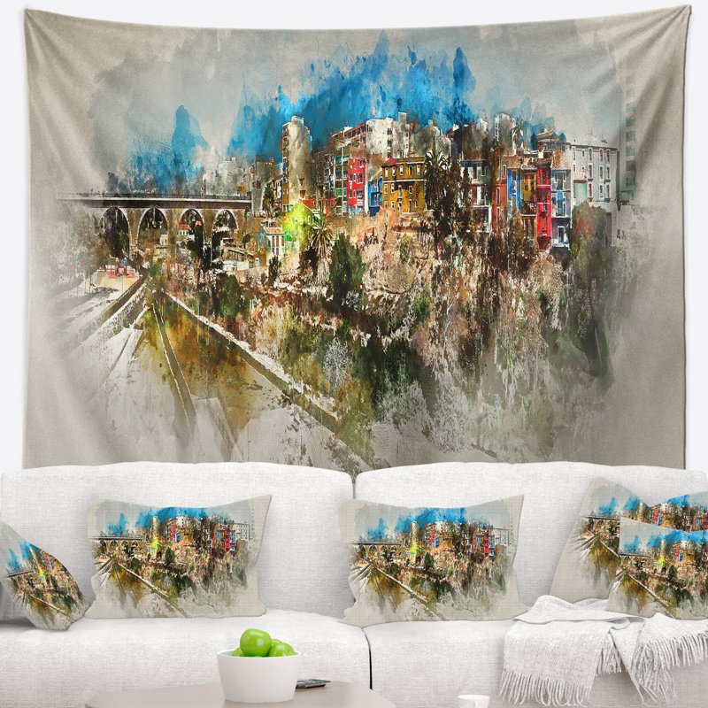 Tapisserie aquarelle de paysage urbain de Villajoyosa, H 68 po x l 80 po