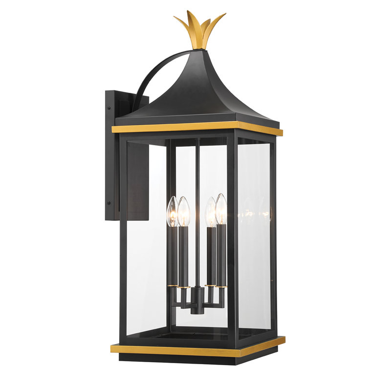 Meggett 3 Light Matte Black + Textured Gold Outdoor Sconce, 31.50" H x 12.25" W x 14.25" D
