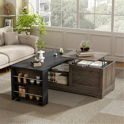 Table basse à plateau relevable Farmhouse avec portes de grange, grand espace de rangement caché, supports latéraux et tablettes ouvertes
