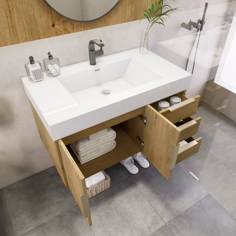 Ensemble de meuble-lavabo simple mural 35,4 "Mariyon, Chêne