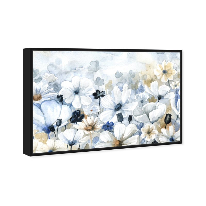 Floral and Botanical Fields of Blue Florals - Reproduction d'art graphique sur toile, Cadre noir