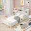 Twin Size Solid Pine + MDF Platform Bed with LED Headboard, Storage &amp; Guardrail - White