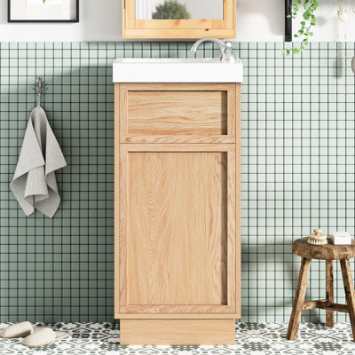 Rustic 15.86" Bathroom Vanity With Reversible Resin Sink, Adjustable Shelf, Push - To Open Door, Soft Close Feature, Wood Grain Finish For Small Scale Remodels Cabinet, Function And In Compact Spaces