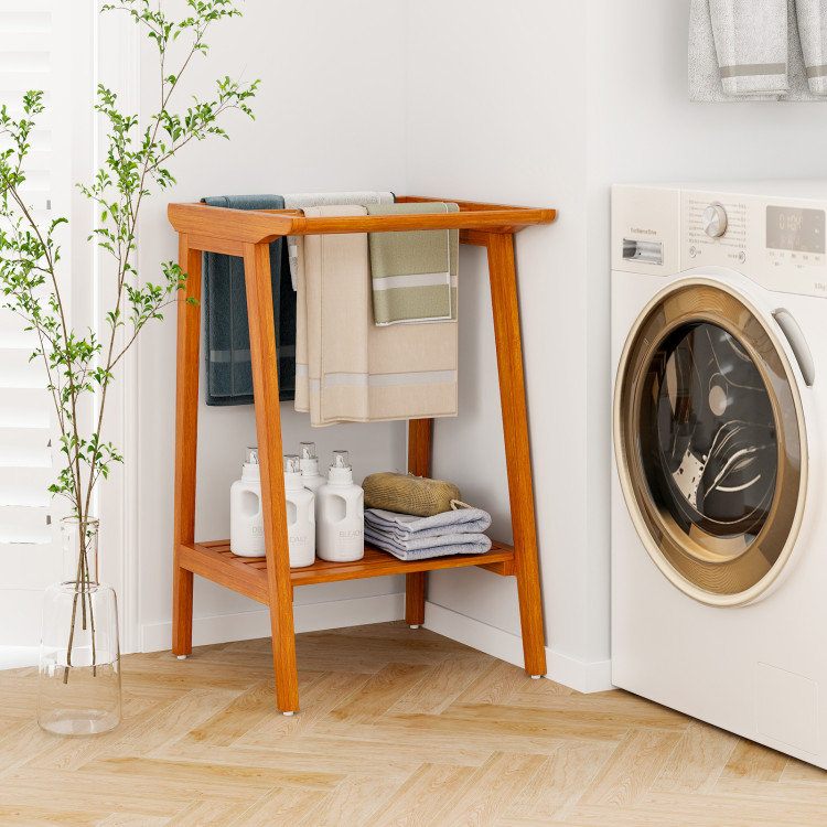 Porte-serviettes sur pied avec 5 barres transversales et tablette de rangement, bois de teck